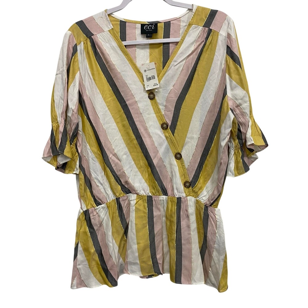 Vintage Eci women Large V-neck multi striped tops blouse Summer Colorful Edgy